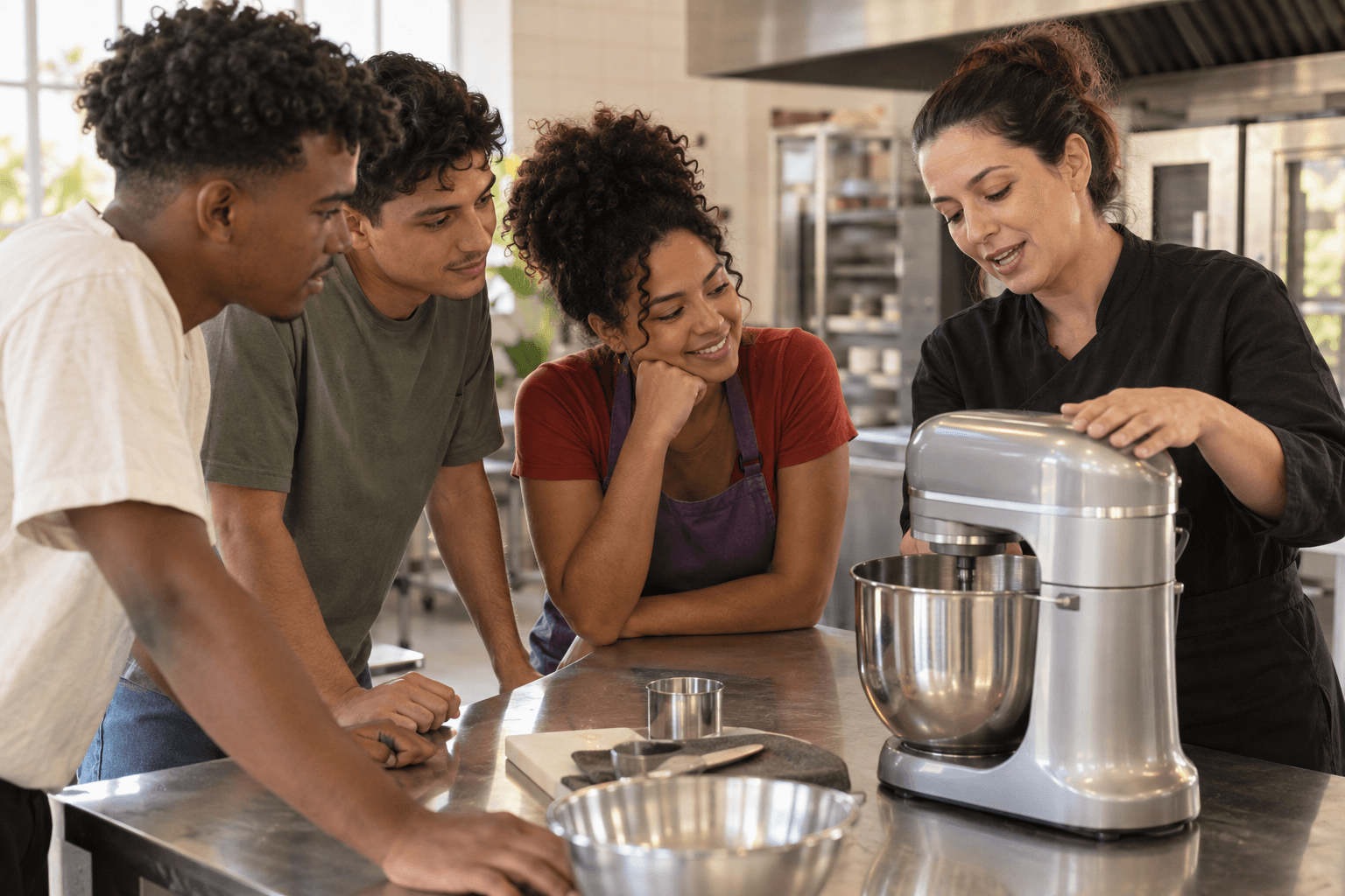 Cena ilustrativa de jovens aprendendo em uma cozinha equipada, gerada por IA